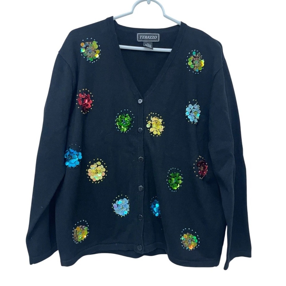 Terazzo Black Floral Sequins Beads Button Cardigan Sweater Womens XL Long Sleeve